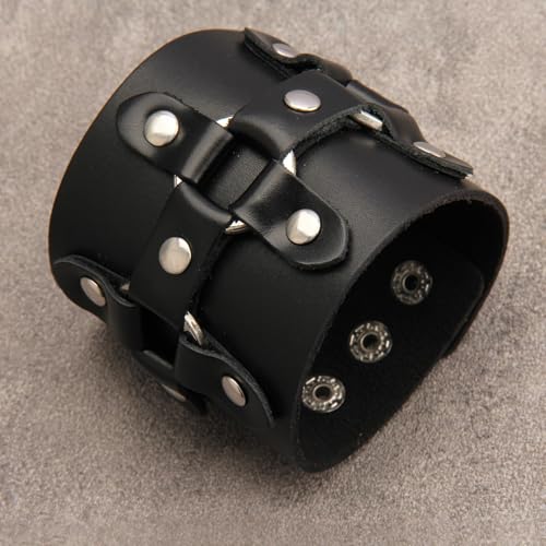 GelConnie Leather Cuff Bracelet for Men Women Wide Leather Wristband Thick Viking Mens Leather Bracelets Gothic Wrist Band Vintage Rock Wristband - style: Leather Wrap Cuff