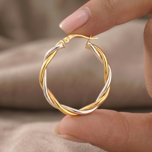 LeCalla Real 925 Sterling Silver Textured Two-Tone Three-Tone 14K Gold Plated Lightweight Italian Design Hoop Earrings for Women Diameter 25,30,40,45,50mm - color: Two-Tone Small-25mm