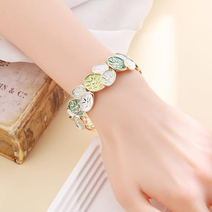LUREME Oval Enamel Leaf Bracelet, Earth Tone & Jade Green Stretch Cuff, 3D Gold Branch Design, Elastic Bangle for Women, Nature-Inspired Jewelry(bl003693) - color: Green & Blue Nature Tones