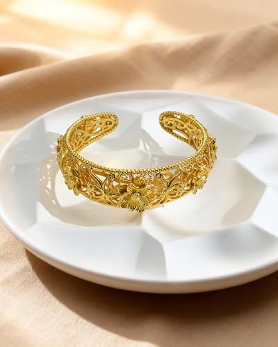 Intricate Floral Pattern Cuff Bracelet for Women - Sterling Silver Bangle, Bohemian Chunky Wide Bracelet Silver & Gold - color: Gold-B