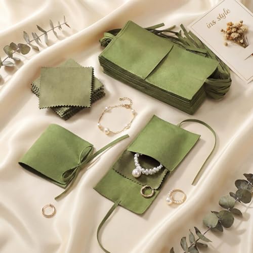 120 Pcs Microfiber Jewelry Pouch 8 x 8cm Jewelry Packaging Bag Gift Bow Tie Bracelet with Cleaning Cloth(Green) - color: Green