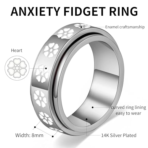 Fidget Anxiety Spinner Rings for Women | 14K Gold Silver Plated, 8mm Thick Stainless Steel Band Ring, Statement Cross Flower Spinning Rings, Jewelry Gifts, Size 6-10 - color: Silver-Heart