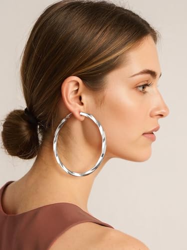 FindChic Twisted Hoop Earrings for Women, Silver/Black/14K Gold Plated Hypoallergenic Hollow Tube Rounded Loop Earrings, 30mm/40mm/60mm/80mm Hoops with Custom Name Options and Gift Box - color: b.Silver, size: 80MM