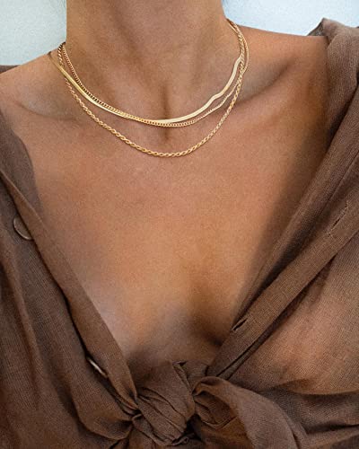 Freekiss Layered Necklace Set for Women Stackable | Herringbone Snake Cuban Rope Chain, Dainty Choker, Layered Stackable, Non Tarnish, Hypoallergenic, Adjustable 14-18.5" - color: Gold, style: 3Snake+Rope+Cuban