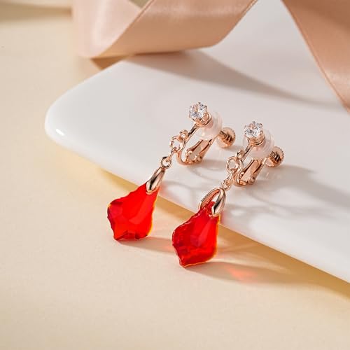 Austrian Crystal Baroque Drop Clip On Dangle Earrings for Women Non Pierced 14K Rose Gold Plated Hypoallergenic Jewelry - color: Red