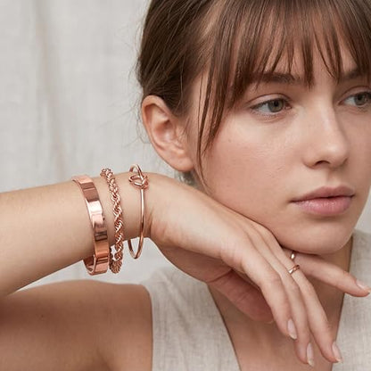 925 Sterling Silver Bracelets for Women Stack, Trendy Tennis Bangle Cuff Jewelry Set 14K Gold Plated, Adjustable Bracelet Set for Wrist Essentials, Women Fashion Watch Band Acecessories - style: Bracelet_3pcs(RoseGold Bangle Set)
