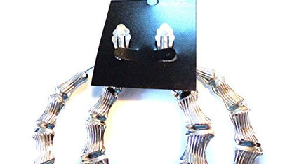 Clip on Bamboo Hoop Earrings Clip Large Hoop Earrings Gold or Silver tone 3.5 inch Hoops Large - style: silver