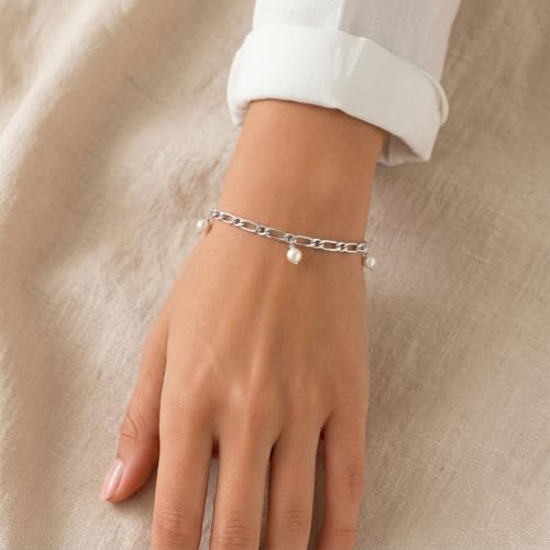 Blue Apple Co. 925 Sterling Silver Figaro Link Pearl Bracelet for Women