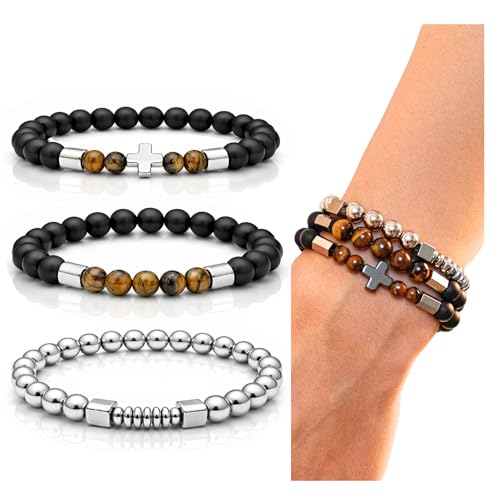 3 PCS Triple Protection Bracelet Set for Men Tiger Eye, Hematite, Onyx Beaded Natural Stone Healing Crystals Jewelry Fathers Days Gift, Christmas, Baptism, Birthday