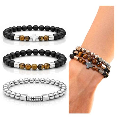 3 PCS Triple Protection Bracelet Set for Men Tiger Eye, Hematite, Onyx Beaded Natural Stone Healing Crystals Jewelry Fathers Days Gift, Christmas, Baptism, Birthday