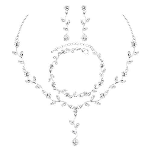 Elegant Bridal Jewelry Sets for Wedding Bride Leaf Shape Cubic Zirconia Necklace Earrings Bracelet Set Prom Costume Accessories - color: 3Pcs-Silver-Cubic Zriconia