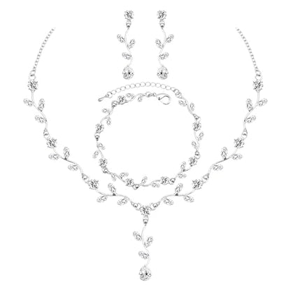Elegant Bridal Jewelry Sets for Wedding Bride Leaf Shape Cubic Zirconia Necklace Earrings Bracelet Set Prom Costume Accessories - color: 3Pcs-Silver-Cubic Zriconia