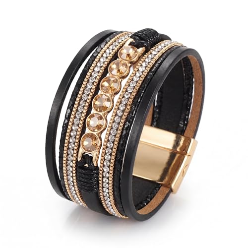 Edoneery Leather Wrap Bracelets for Women, Boho Layered Cuff Bangle | Multi-layer Leather Cuff, Daily wear, Stackable Bangle, Easy on-off, Western Jewelry Gifts for Women - color: Black-7