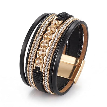 Edoneery Leather Wrap Bracelets for Women, Boho Layered Cuff Bangle | Multi-layer Leather Cuff, Daily wear, Stackable Bangle, Easy on-off, Western Jewelry Gifts for Women - color: Black-7