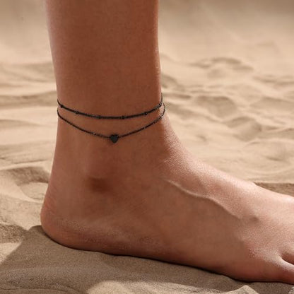 Ankle Bracelets for Women 14K Gold/Silver Plated Cross Heart Bead Anklet Waterproof Adjustable Chain Non Tarnish Cute Boho Trendy Dainty Summer Beach Foot Jewelry Gift for Her - style: 2 Layered Bead&Heart-BLK