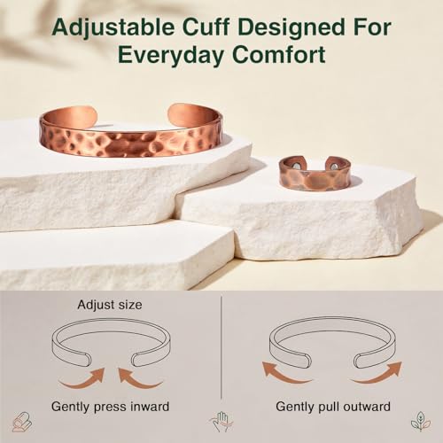 Copper Bracelets for Women Men Set, 100% Solid Real Pure Handmade Hammered Copper & Rings Jewelry Bracelet