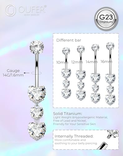 OUFER Titanium Belly Button Rings, Heart Belly Rings Dangling, Internally Threaded Belly Button Piercings, Long Dangle Navel Piercing Jewelry, Belly Rings for Women