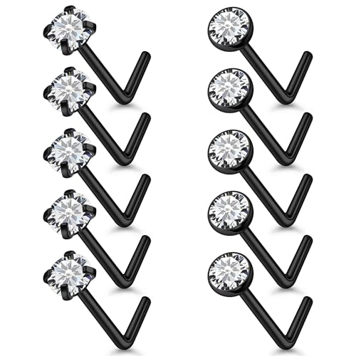 18G 20G 22G Stainless Surgical Steel Titanium Nose Rings Studs for Women L Shaped Nose Studs Screw Nose Rings Nostrial Piercing Jewelry for Women Men Silver Gold Black - style: 18G/2mm CZ/L-shaped/Black