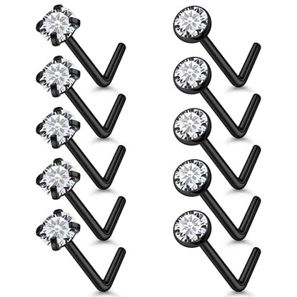 18G 20G 22G Stainless Surgical Steel Titanium Nose Rings Studs for Women L Shaped Nose Studs Screw Nose Rings Nostrial Piercing Jewelry for Women Men Silver Gold Black - style: 18G/2mm CZ/L-shaped/Black