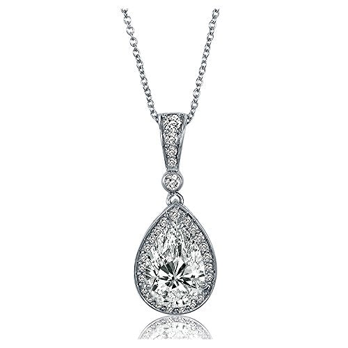 BERRICLE Sterling Silver CZ Pendant Necklace for Women, Cubic Zirconia - Cushion, Pear, Princess, Round Cut - Art Deco Halo Designs - style: Teardrop Halo