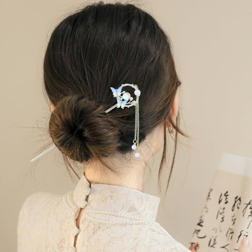 inSowni 8 Pieces Retro Asian Chinese Traditional Hanfu Butterfly Flower Metal Hair Sticks with Pearl Pendants Long Hair Pins Forks Chopsticks Bun Updo Holders for Women Girls - color: 8pcs Set E