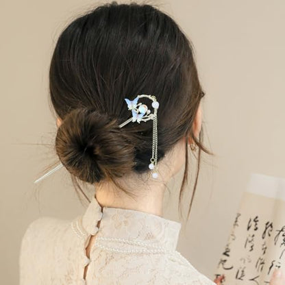 inSowni 8 Pieces Retro Asian Chinese Traditional Hanfu Butterfly Flower Metal Hair Sticks with Pearl Pendants Long Hair Pins Forks Chopsticks Bun Updo Holders for Women Girls - color: 8pcs Set E