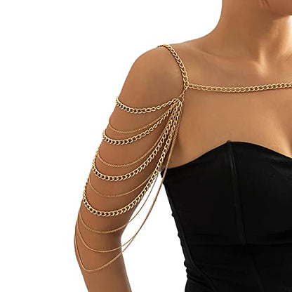 Summer Beach Punk Shoulder Body Chain Multi-Layered Back Chain Bikini Metal Tassel Arm Chain Statement Bridal Wedding Backdrop Necklace Body Chain Jewelry for Women - color: Gold