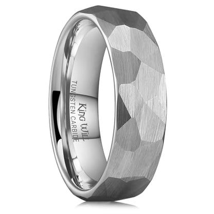 King Will Men's Tungsten Carbide Wedding Ring Hammered Groove Wedding Band Mens Two Tone Engagement Ring for Men and Women Matte Brushed Finish Comfort Fit - color: Silver 6mm