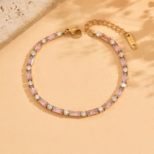 18K Gold Plated Multi-Color Classic Tennis Bracelet for Women Dainty Color 3mm Rainbow Cubic Zirconia Bracelet Adjustable CZ Gold Bracelets Trendy Summer Jewelry Gift - style: Pink-Gold