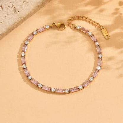 18K Gold Plated Multi-Color Classic Tennis Bracelet for Women Dainty Color 3mm Rainbow Cubic Zirconia Bracelet Adjustable CZ Gold Bracelets Trendy Summer Jewelry Gift - style: Pink-Gold