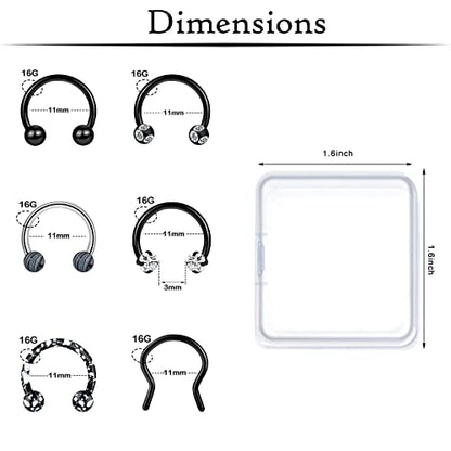 ONESING 20-30 Pcs Septum Rings 16G Septum Jewelry - Surgical Steel Piercings Horseshoe Helix Daith Smiley Tragus Lip Rings Nose Hoop Hinged Seamless Piercing Jewelry for Women Men - color: Black&Silver-36pcs