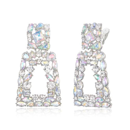 Flyonce Rectangle Clip-on Drop Earrings for Women, Sparkly Rhinestone Crystal Geometric Statement Non Pierced Earring Wedding Prom Party Jewelry for Brides Bridesmaid - color: Iridescent Clear AB Silver-Tone