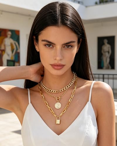 Gold Layered Necklaces for Women Chunky Layered Gold Link Chain Necklaces Trendy Paperclip Herringbone Toggle Clasp Necklace Statement Jewelry Accessories for Her - color: A5:gold chunky necklace