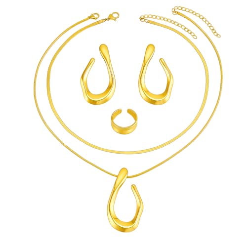 5PCS Gold Plated Jewelry Set for Women Valentine Anniversary Birthday Friendship Holiday Gift,Stainless Steel Necklace Earrings Ring Set