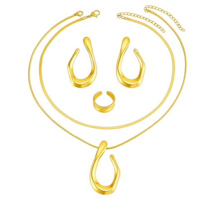 5PCS Gold Plated Jewelry Set for Women Valentine Anniversary Birthday Friendship Holiday Gift,Stainless Steel Necklace Earrings Ring Set