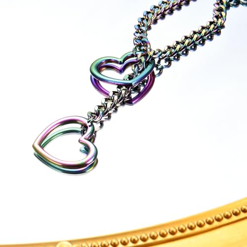 Qitian Stainless Steel Adjustable Lariat Y-Necklace for Men,Punk Gothic Cuban Necklace Jewelry,Heart O-ring Slip Chain Necklace for Women - color: Multi