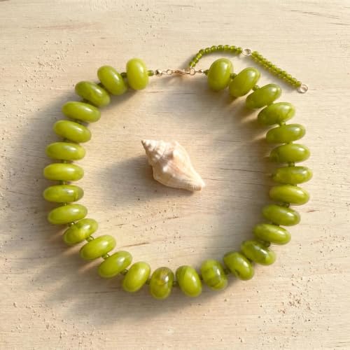Chunky Beaded Statement Necklace for Women, Colorful Rondelle Bead, Bohemian Style, Adjustable Length, Summer Beach Accessory - color: Olive Green