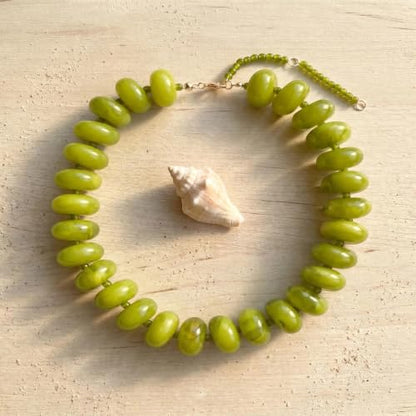 Chunky Beaded Statement Necklace for Women, Colorful Rondelle Bead, Bohemian Style, Adjustable Length, Summer Beach Accessory - color: Olive Green