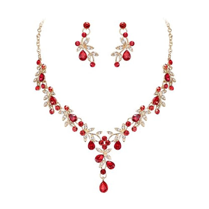 BriLove Wedding Jewelry Set for Women Bride, Y-Necklace Dangle Earrings Crystal Teardrop Leaf Flower Cluster Bridal Bridesmaid - color: 06-Ruby Color Gold-Tone