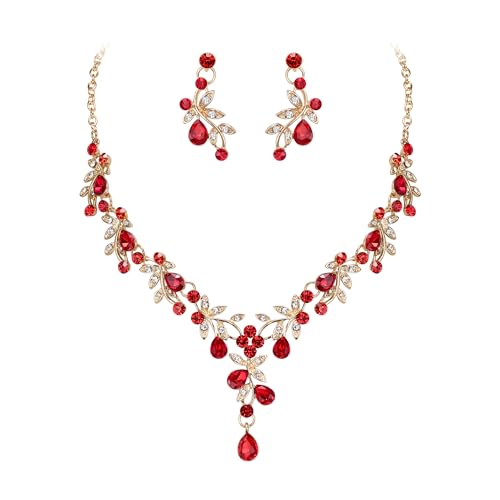 BriLove Wedding Jewelry Set for Women Bride, Y-Necklace Dangle Earrings Crystal Teardrop Leaf Flower Cluster Bridal Bridesmaid - color: 06-Ruby Color Gold-Tone
