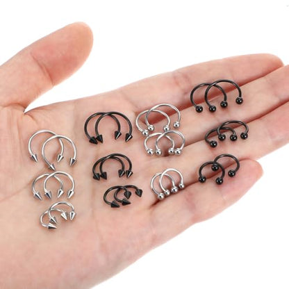 Yolev 24PCS 16G Variety of Sizes Horseshoe Rings Surgical Steel Nose Septum Horseshoe Hoop Earring Eyebrow Septum Rings Hoop Daith Earring Eyebrow Helix Vertical Lip Piercing Jewelry for Women Men