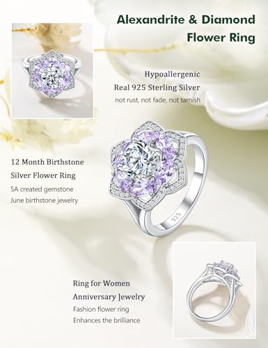 Flower Engagement Promise Ring Sterling Silver Birthstone Rings for Women Sapphire/Emerald/Ruby Gemstone Six Leaf Clover Statement Cocktail Ring Size 6 to 10 - style: 06. June-Created Alexandrite