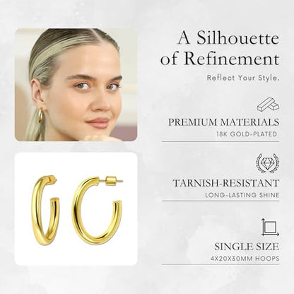 18K Gold Plated Sterling Silver Earrings for Women – Pure & Polished, Twist, Square, Hinged Tube, Abstract & Heart Shape Hoops – Lightweight, Hypoallergenic, Non-Tarnish Jewelry (Sizes: 3x35mm-46x30mm) - color: Gold, size: Polish Hoop (4x35x40mm)