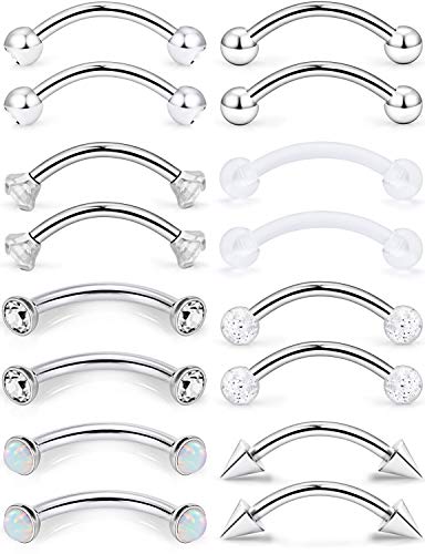Eyebrow Ring Bar 16G Stainless Steel Curved Barbell Clear Diamond CZ Piercing Body Jewelry Retainer for Women Men 12-16 Pieces - color: 16Pcs-16G-Silvertone