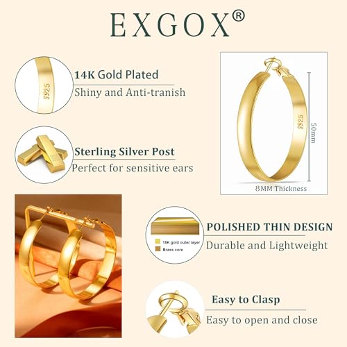 EXGOX 5mm Wide Gold Hoop Earrings for Women,Sterling Silver Hoop Earrings Large Silver Hoop Earrings Hypoallergenic Lightweight 14K Real Gold Plated Big Hoop Earrings for Women 30/40/50/60/70mm - color: 8MM-Gold Hoop-50mm