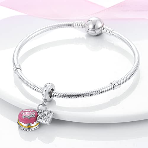 925 Sterling Silver Charm for Bracelet Necklace Women Dangle Pendant Beads | Love Faith Mom Ocean travel Butterfly Party Charm Beads Pendants DIY Jewelry Gift - color: Birthday cake with gift charm