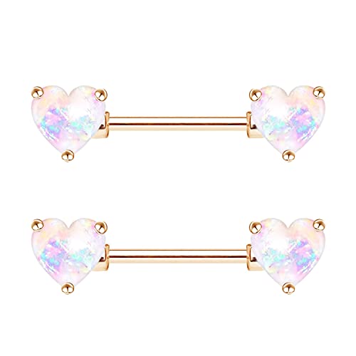 2PCS 14G Nipple Bars 316L Stainless Steel Nipple Barbell Ring Clear CZ Heart Nipple Rings Nipple Piercings Jewelry for Women - color: gold