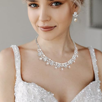 EVER FAITH Wedding Jewelry for Bride, Gorgeous Cubic Zirconia Faux Pearl Elegant Flower Bridal Prom Choker Necklace Stud Earrings Sets for Women - color: White Gold Plated