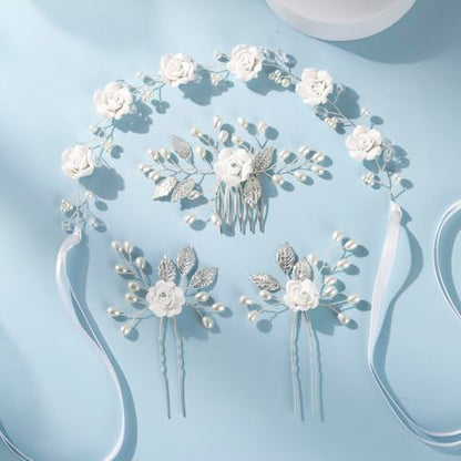 Wedding Hair Accessories Hair pieces Set Crystal bridal hair pins Rhinestone Pearl Hair comb Brides and Bridesmaids, Girls, Women(（4PCS/SET SILVERY) - color: white