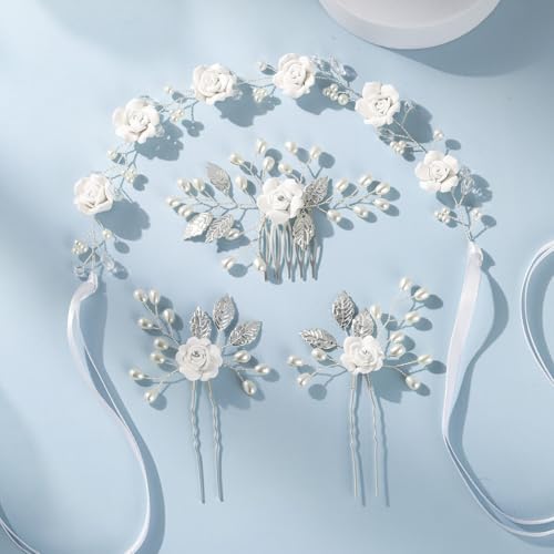 Wedding Hair Accessories Hair pieces Set Crystal bridal hair pins Rhinestone Pearl Hair comb Brides and Bridesmaids, Girls, Women(（4PCS/SET SILVERY) - color: white